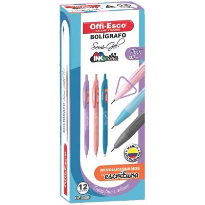 Lapicero Offiesco Retráctil Pastel -  Tinta Negra - Semi Gel 0.7 mm - Caja X 12 UND